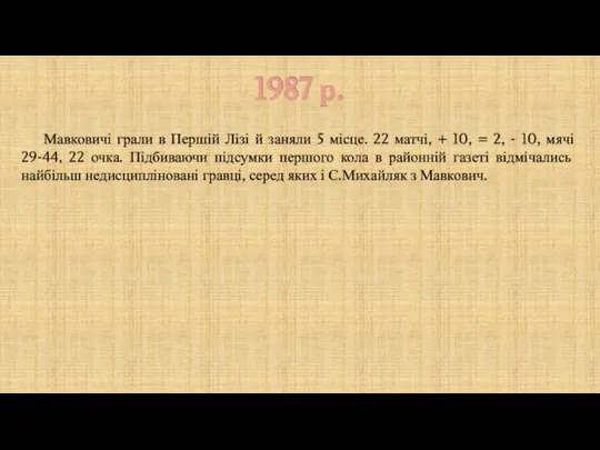 1987 р. Мавковичі грали в Першій Лізі й заняли 5 місце. 22