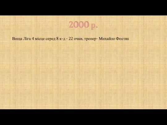 2000 р. Вища Ліга 4 місце серед 8 к-д - 22 очки. тренер- Михайло Фостяк