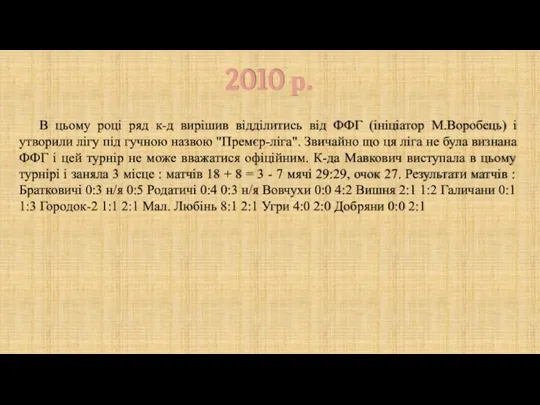 2010 р. В цьому році ряд к-д вирішив відділитись від ФФГ (ініціатор