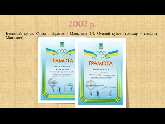 2002 р. Весняний кубок. Фінал : Городок - Мавковичі 2:0. Осінній кубок (володар – команда Мавкович).