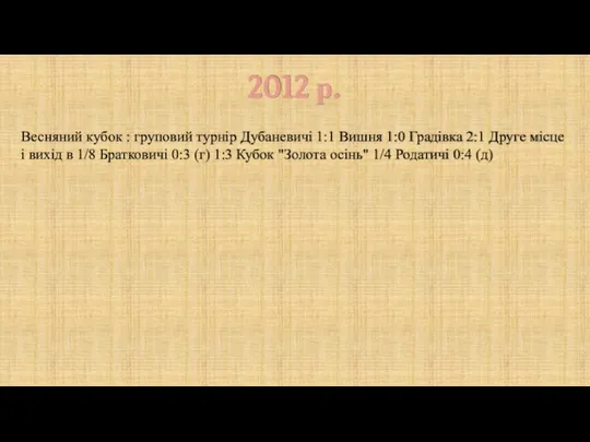 2012 р. Весняний кубок : груповий турнір Дубаневичі 1:1 Вишня 1:0 Градівка