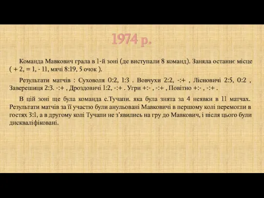 1974 р. Команда Мавкович грала в 1-й зоні (де виступали 8 команд).