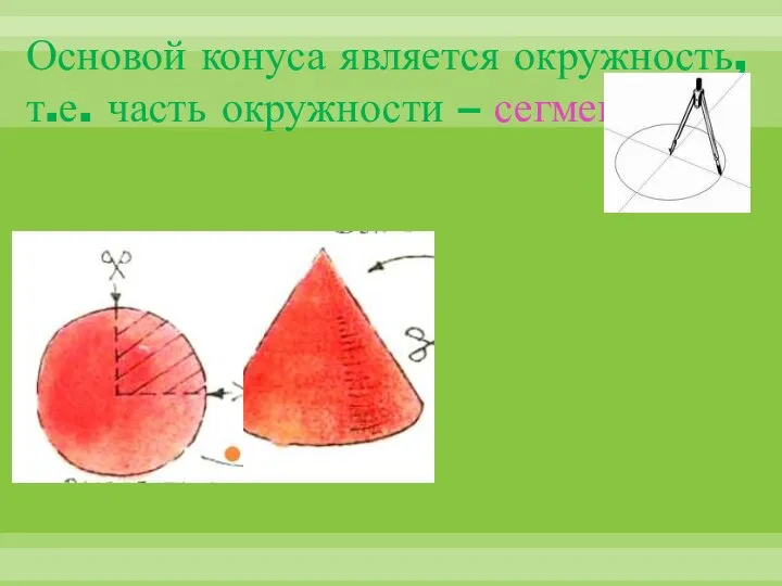 Основой конуса является окружность, т.е. часть окружности – сегмент.