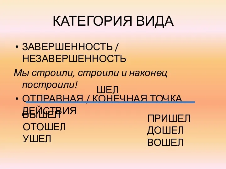 КАТЕГОРИЯ ВИДА ЗАВЕРШЕННОСТЬ / НЕЗАВЕРШЕННОСТЬ Мы строили, строили и наконец построили! ОТПРАВНАЯ