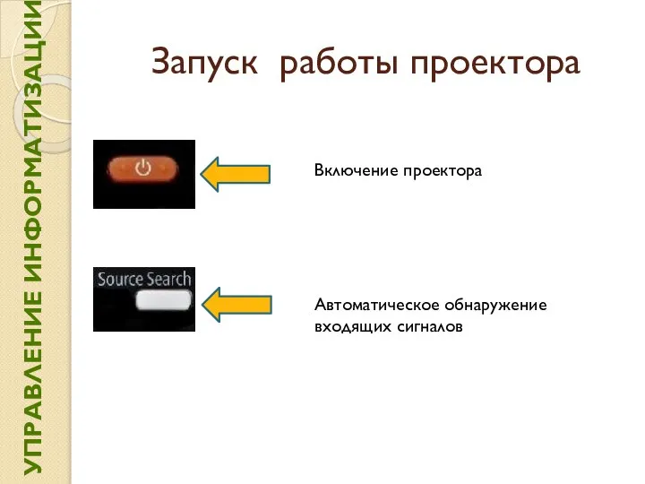 Запуск работы проектора Включение проектора Автоматическое обнаружение входящих сигналов УПРАВЛЕНИЕ ИНФОРМАТИЗАЦИИ