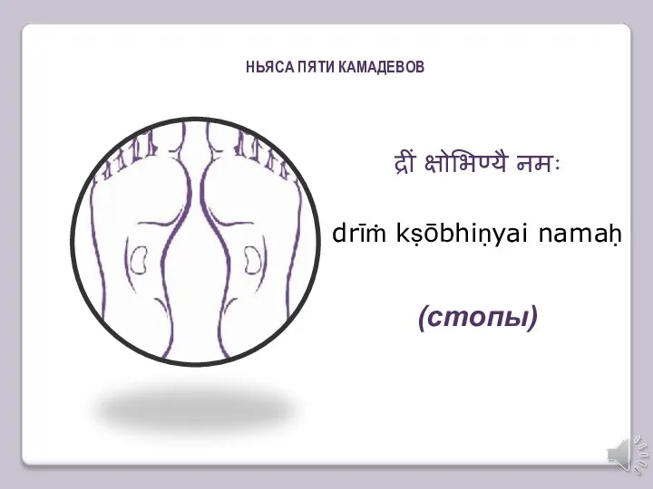 द्रीं क्षोभिण्यै नमः drīṁ kṣōbhiṇyai namaḥ (стопы) НЬЯСА ПЯТИ КАМАДЕВОВ