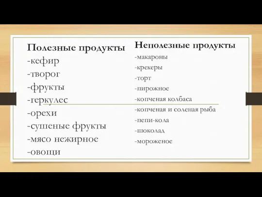 Полезные продукты -кефир -творог -фрукты -геркулес -орехи -сушеные фрукты -мясо нежирное -овощи