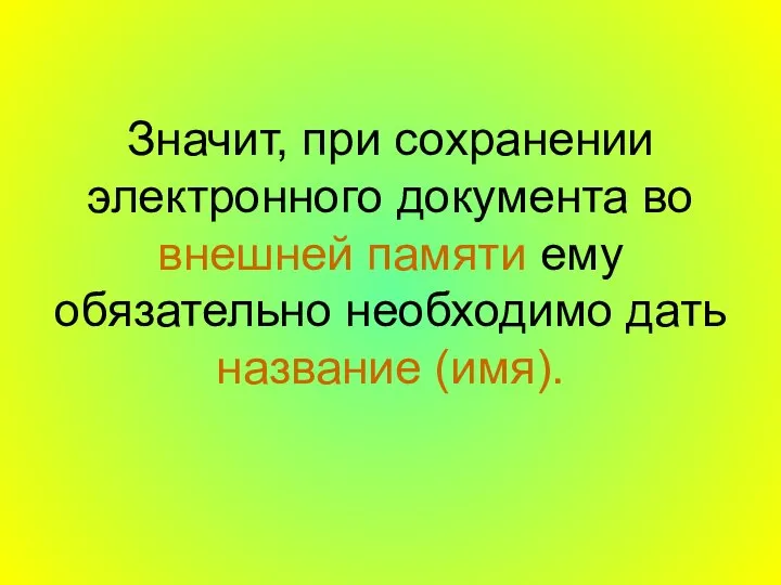 Значит, при сохранении электронного документа во внешней памяти ему обязательно необходимо дать название (имя).