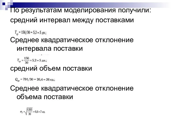 По результатам моделирования получили: средний интервал между поставками Среднее квадратическое отклонение интервала