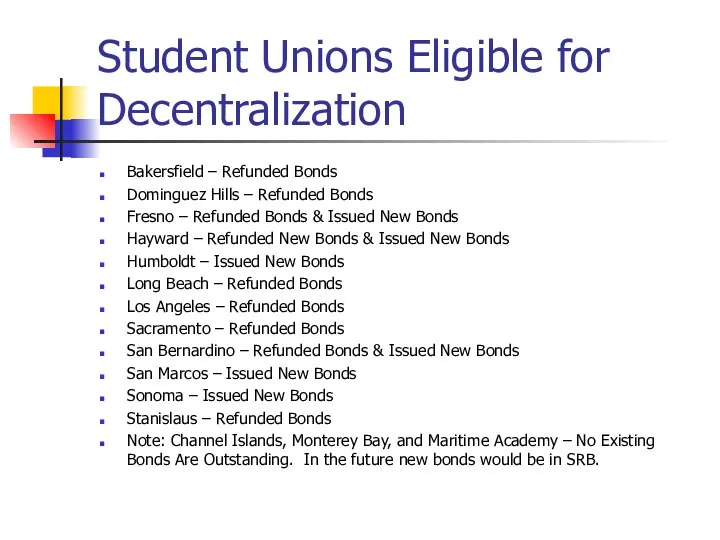 Student Unions Eligible for Decentralization Bakersfield – Refunded Bonds Dominguez Hills –