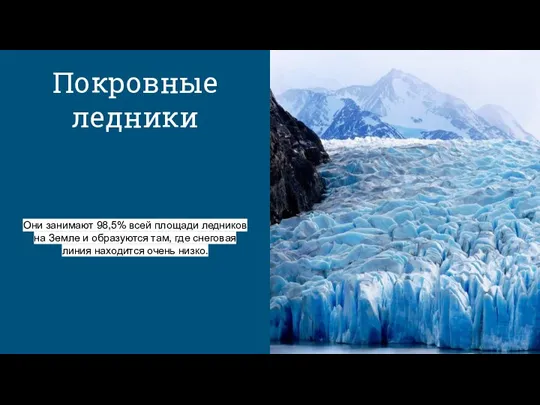 Покровные ледники Они занимают 98,5% всей площади ледников на Земле и образуются