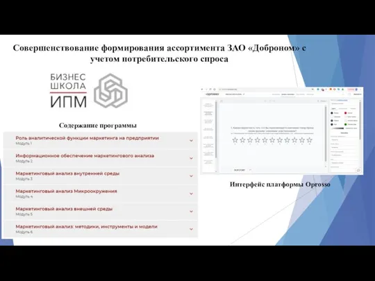 Совершенствование формирования ассортимента ЗАО «Доброном» с учетом потребительского спроса Содержание программы Интерфейс платформы Oprosso