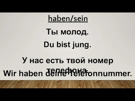 Ты молод. Du bist jung. У нас есть твой номер телефона. Wir haben deine Telefonnummer. haben/sein