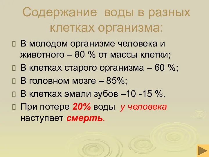 Содержание воды в разных клетках организма: В молодом организме человека и животного