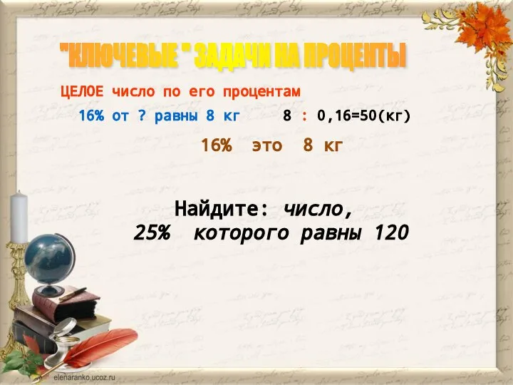 "КЛЮЧЕВЫЕ " ЗАДАЧИ НА ПРОЦЕНТЫ ЦЕЛОЕ число по его процентам 16% от