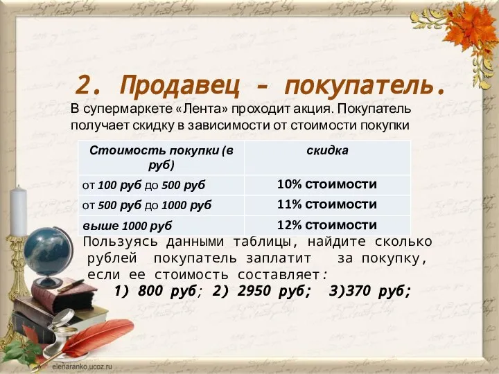 2. Продавец - покупатель. В супермаркете «Лента» проходит акция. Покупатель получает скидку