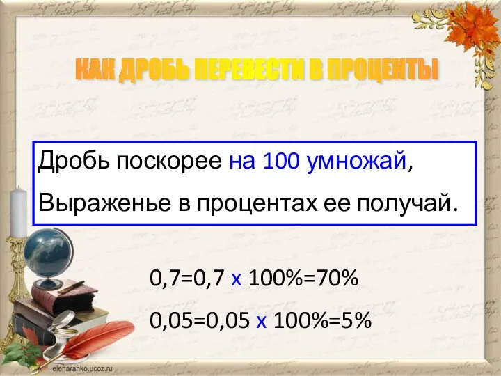 КАК ДРОБЬ ПЕРЕВЕСТИ В ПРОЦЕНТЫ Дробь поскорее на 100 умножай, Выраженье в