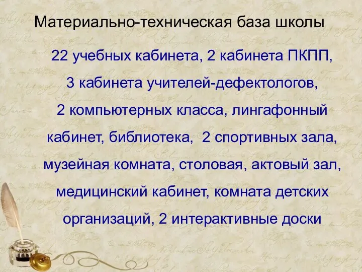 22 учебных кабинета, 2 кабинета ПКПП, 3 кабинета учителей-дефектологов, 2 компьютерных класса,