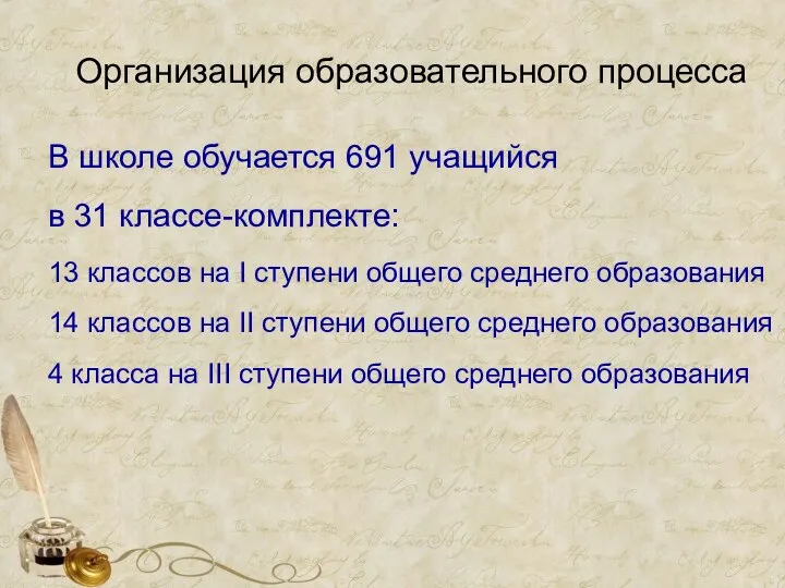 Организация образовательного процесса В школе обучается 691 учащийся в 31 классе-комплекте: 13