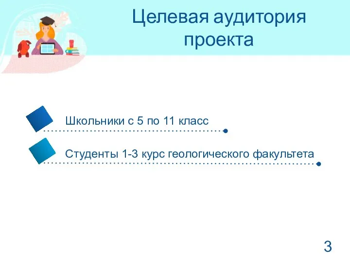 Целевая аудитория проекта Школьники с 5 по 11 класс Студенты 1-3 курс геологического факультета