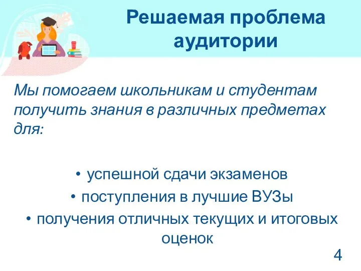 Решаемая проблема аудитории Мы помогаем школьникам и студентам получить знания в различных