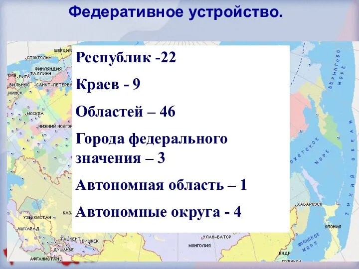 Федеративное устройство. Республик -22 Краев - 9 Областей – 46 Города федерального