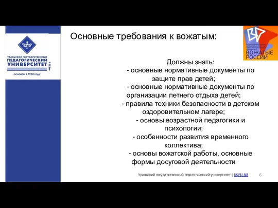 Основные требования к вожатым: Уральский государственный педагогический университет | USPU.RU Должны знать: