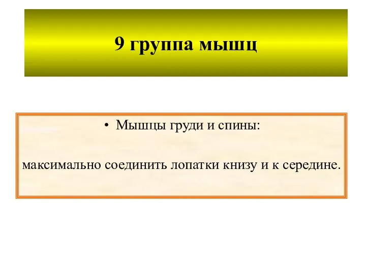 9 группа мышц Мышцы груди и спины: максимально соединить лопатки книзу и к середине.