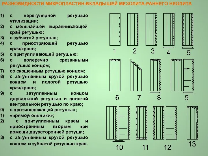 с нерегулярной ретушью утилизации; с мельчайшей выравнивающей край ретушью; с зубчатой ретушью;