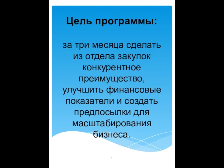 Цель программы: за три месяца сделать из отдела закупок конкурентное преимущество, улучшить