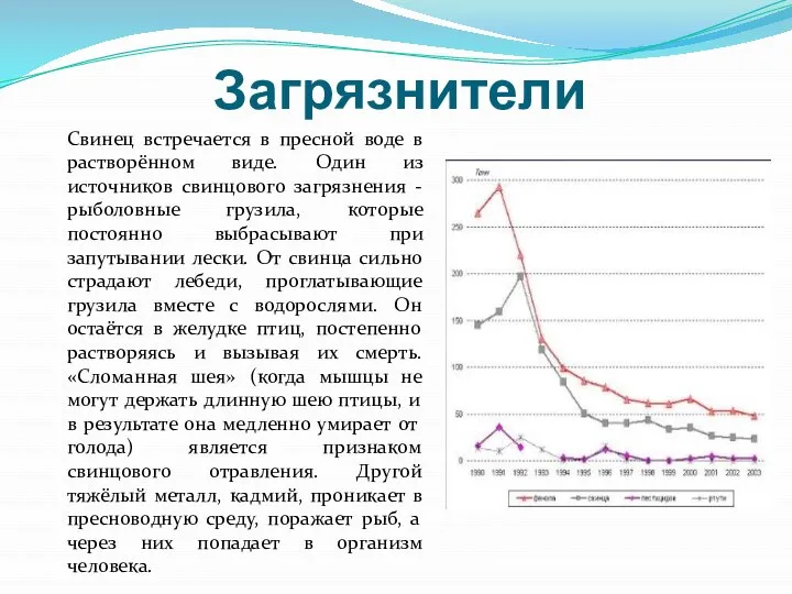 Загрязнители Свинец встречается в пресной воде в растворённом виде. Один из источников