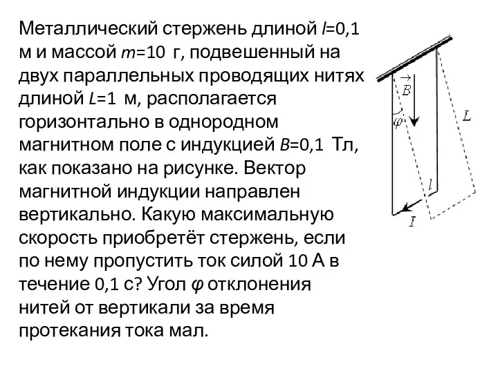 Металлический стержень длиной l=0,1 м и массой m=10 г, подвешенный на двух