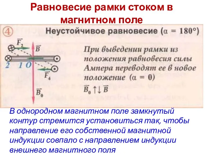 Равновесие рамки стоком в магнитном поле В однородном магнитном поле замкнутый контур