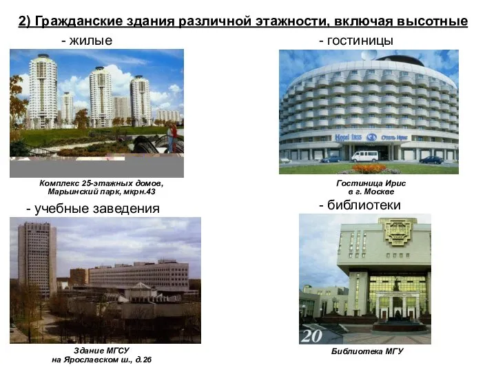 2) Гражданские здания различной этажности, включая высотные - гостиницы - жилые -