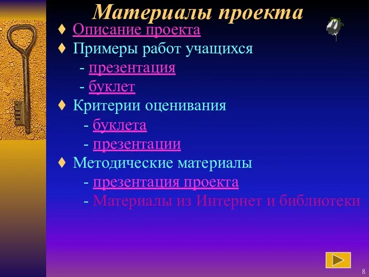 Материалы проекта Описание проекта Примеры работ учащихся - презентация - буклет Критерии