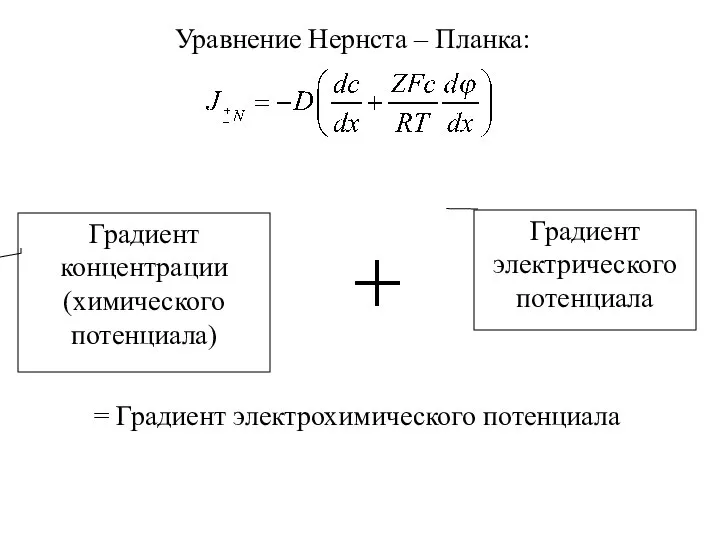 Уравнение Нернста – Планка: Градиент концентрации (химического потенциала) Градиент электрического потенциала = Градиент электрохимического потенциала