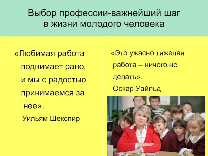 Выбор профессии-важнейший шаг в жизни молодого человека «Любимая работа поднимает рано, и