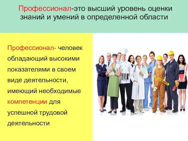 Профессионал-это высший уровень оценки знаний и умений в определенной области Профессионал- человек