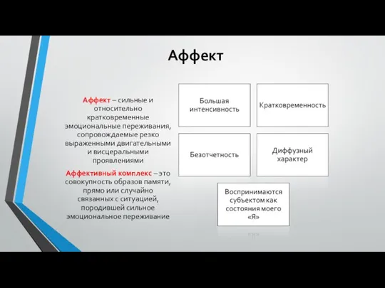 Аффект Аффект – сильные и относительно кратковременные эмоциональные переживания, сопровождаемые резко выраженными