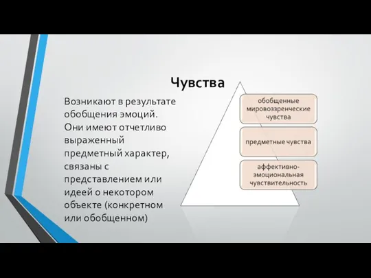 Чувства Возникают в результате обобщения эмоций. Они имеют отчетливо выраженный предметный характер,