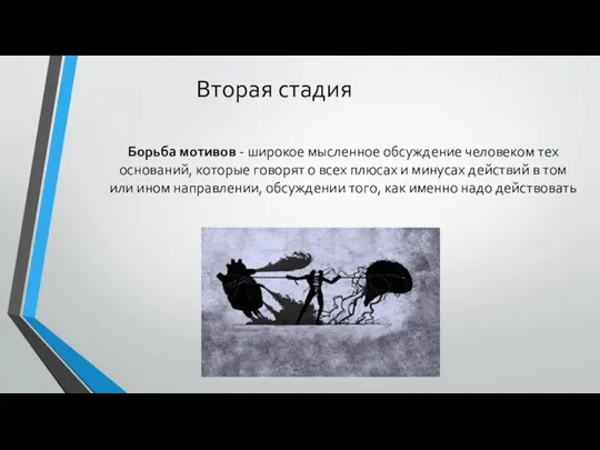 Вторая стадия Борьба мотивов - широкое мысленное обсуждение человеком тех оснований, которые