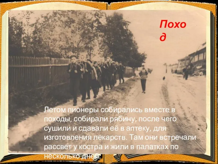 Поход Летом пионеры собирались вместе в походы, собирали рябину, после чего сушили