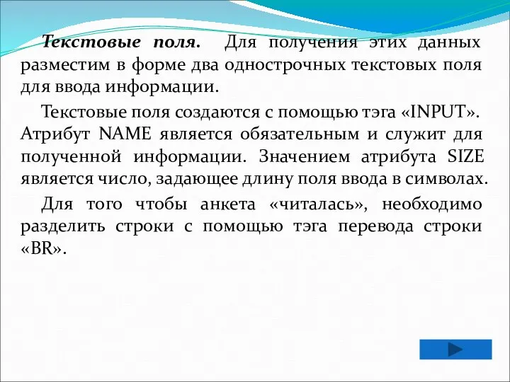 Текстовые поля. Для получения этих данных разместим в форме два однострочных текстовых