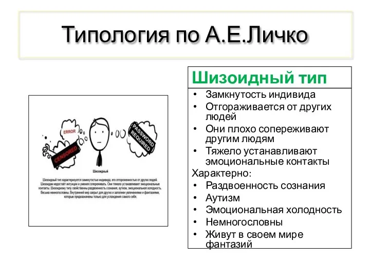 Типология по А.Е.Личко Шизоидный тип Замкнутость индивида Отгораживается от других людей Они