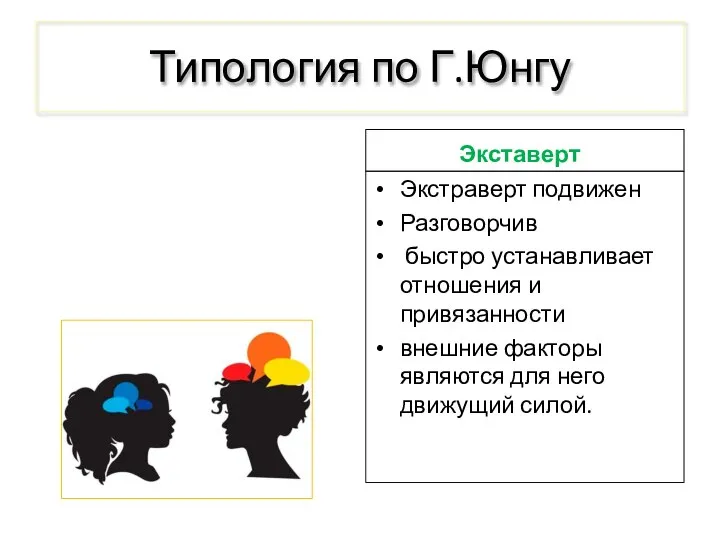 Типология по Г.Юнгу Экставерт Экстраверт подвижен Разговорчив быстро устанавливает отношения и привязанности