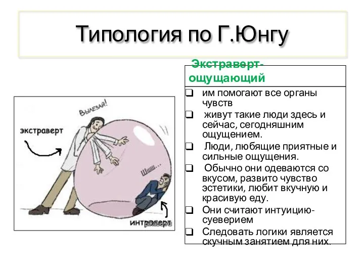 Типология по Г.Юнгу Экстраверт- ощущающий им помогают все органы чувств живут такие