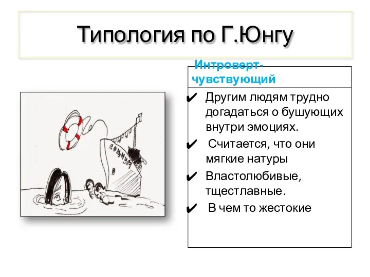 Типология по Г.Юнгу Интроверт- чувствующий Другим людям трудно догадаться о бушующих внутри