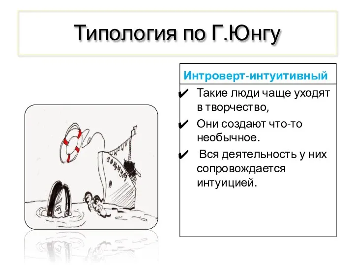 Типология по Г.Юнгу Интроверт-интуитивный Такие люди чаще уходят в творчество, Они создают