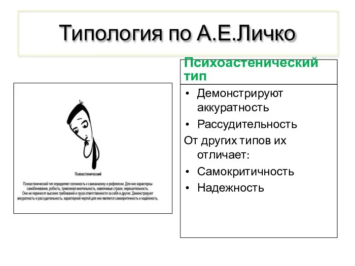 Типология по А.Е.Личко Психоастенический тип Демонстрируют аккуратность Рассудительность От других типов их отличает: Самокритичность Надежность