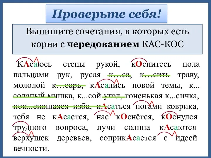 Проверьте себя! КАсаюсь стены рукой, кОснитесь пола пальцами рук, русая к…са, к…сить